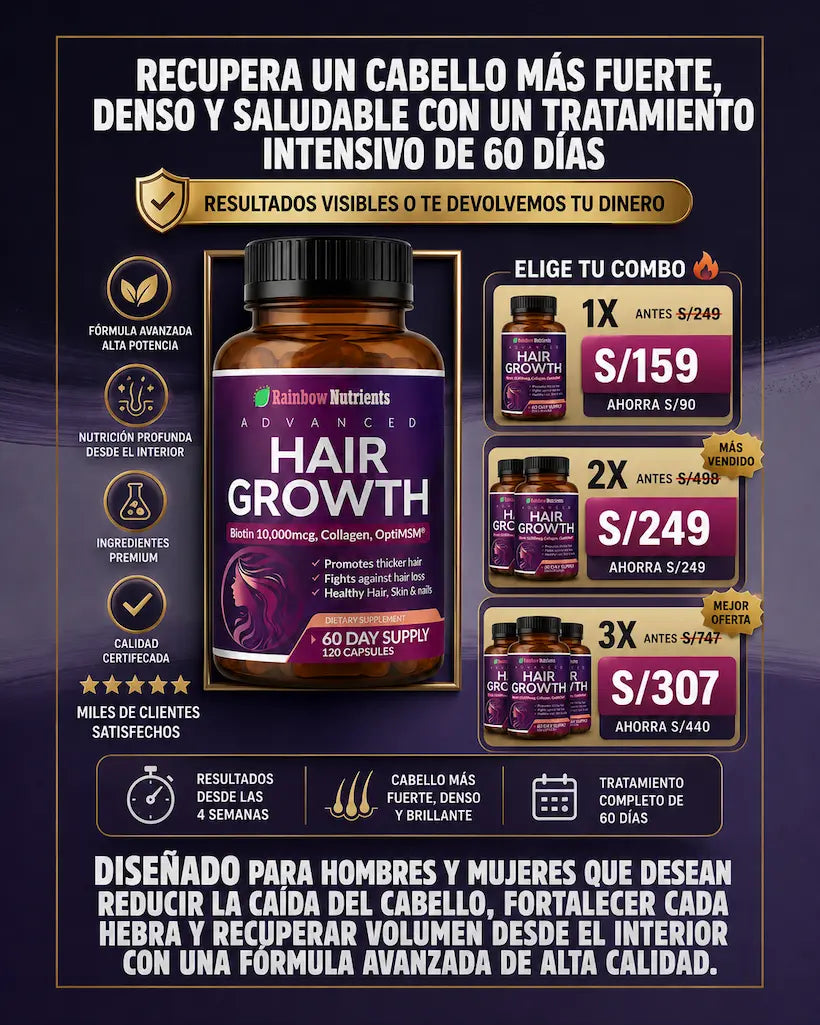 Advanced Hair Growth | Biotina 10,000mcg + Colágeno + OptiMSM | 120 Cápsulas