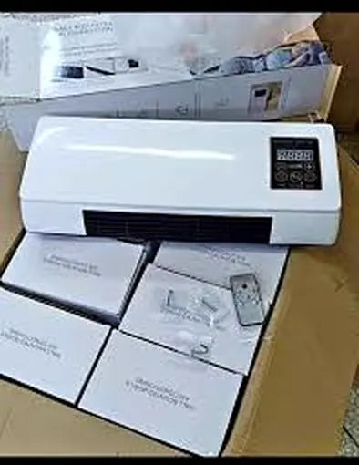 Calefactor cerámico y ventilador de pared 2 en 1 junto a su empaque