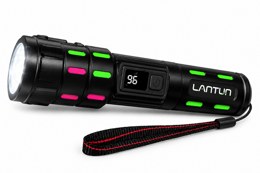 Linterna LED LANTUN negra con pantalla digital y correa de mano